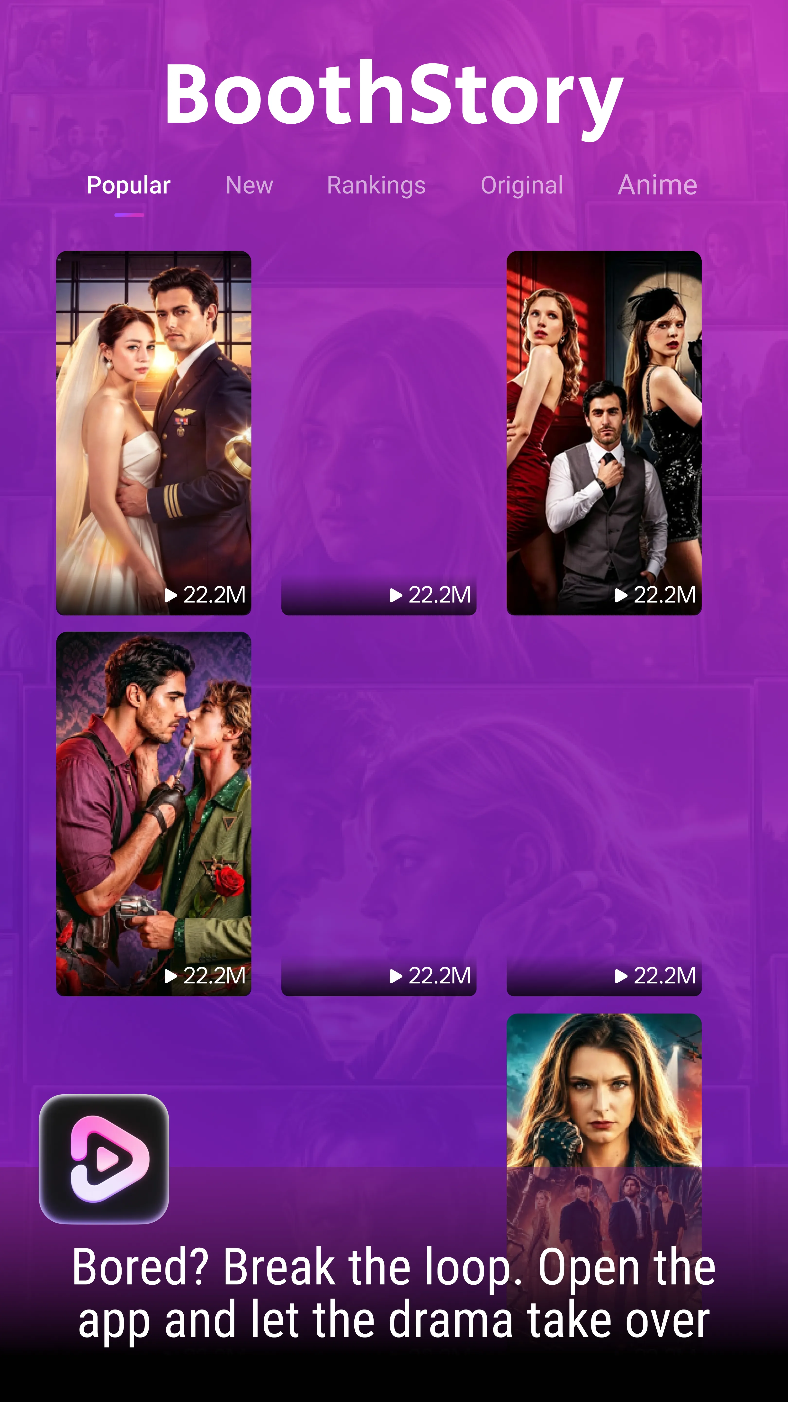 BoothStory discovery screen showing a selection of short dramas